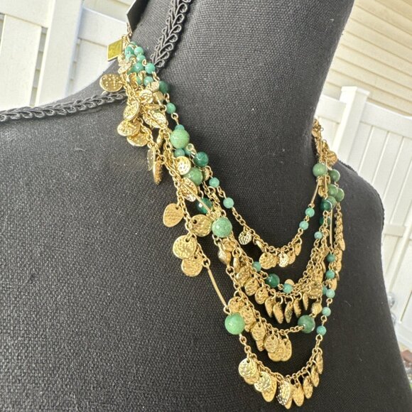 Nordstrom Sequin Brand Gold Tone & Green Bead MultiStrand Necklace $125 NEW - Picture 5 of 14
